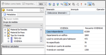 Consulta
sobre el tipo y número de vivienda que existen en Analysis Services.