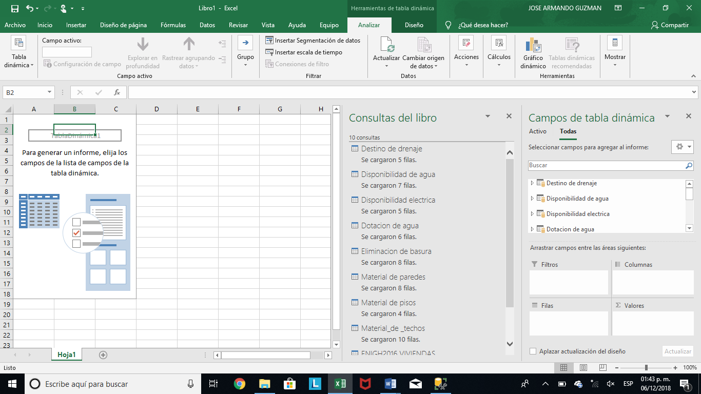 Creación de las tablas dinámicas para la visualización de datos en Excel.