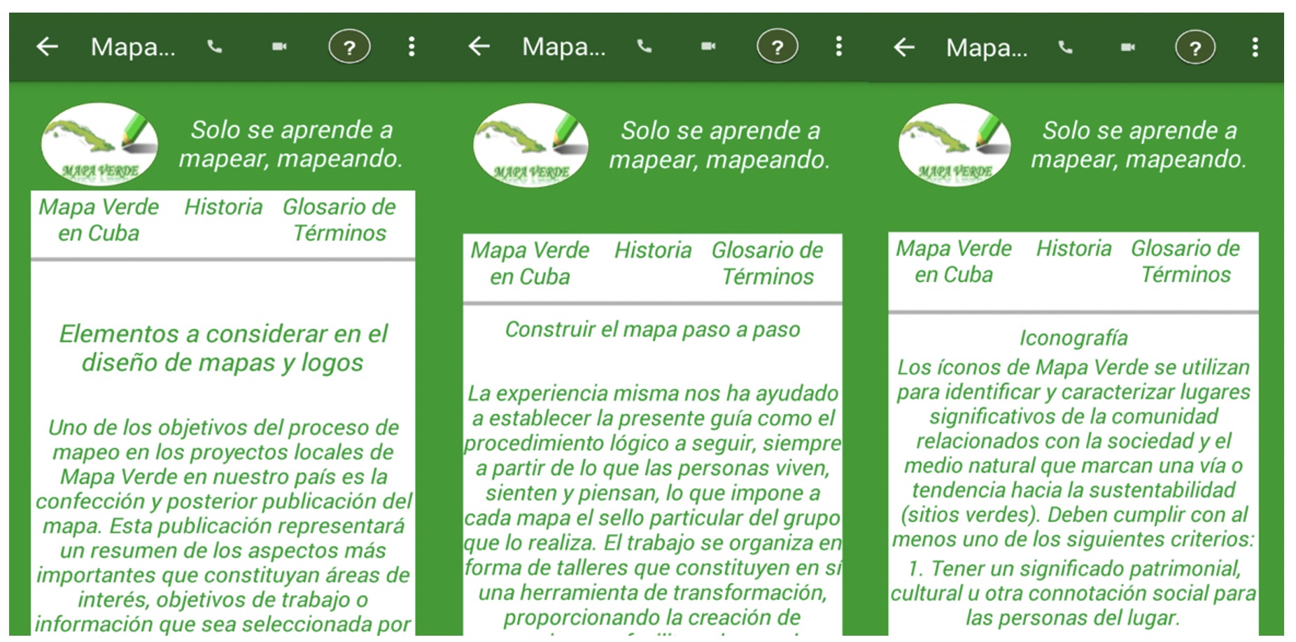 Captura de pantalla de la aplicación con la metodología de
Mapa Verde.