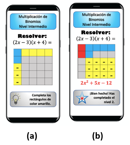 Resolución
de un ejercicio muestra en la app de Algesquares: (a) La app muestra un aviso
con el siguiente paso a seguir; (b) Una vez que el estudiante termina todos los
ejercicios de cierto nivel, un aviso muestra al alumno que ha completado dicho
nivel y puede pasar al siguiente.