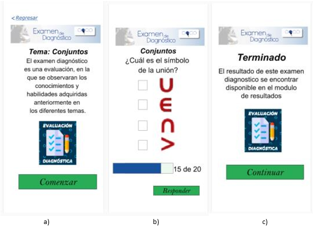 En
esta figura (a) se muestra la explicación de examen, (b) un ejemplo de cómo
será el examen diagnóstico, y en (c) cuando finalice la prueba.