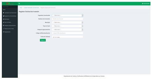 Pantalla del Registro de Solicitud de
Inversiones. 