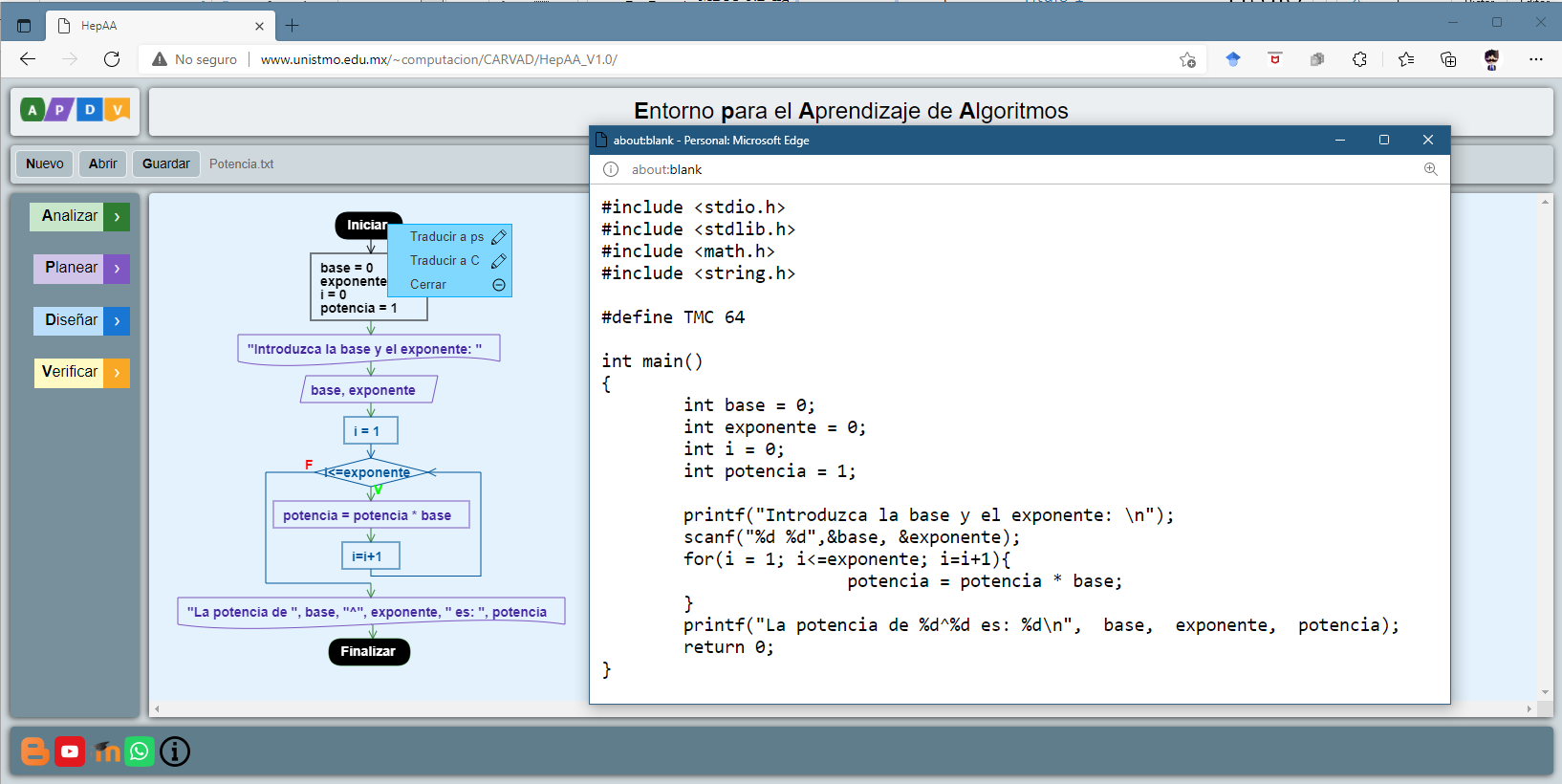 Traducción del
diagrama de flujo a código en el lenguaje C.