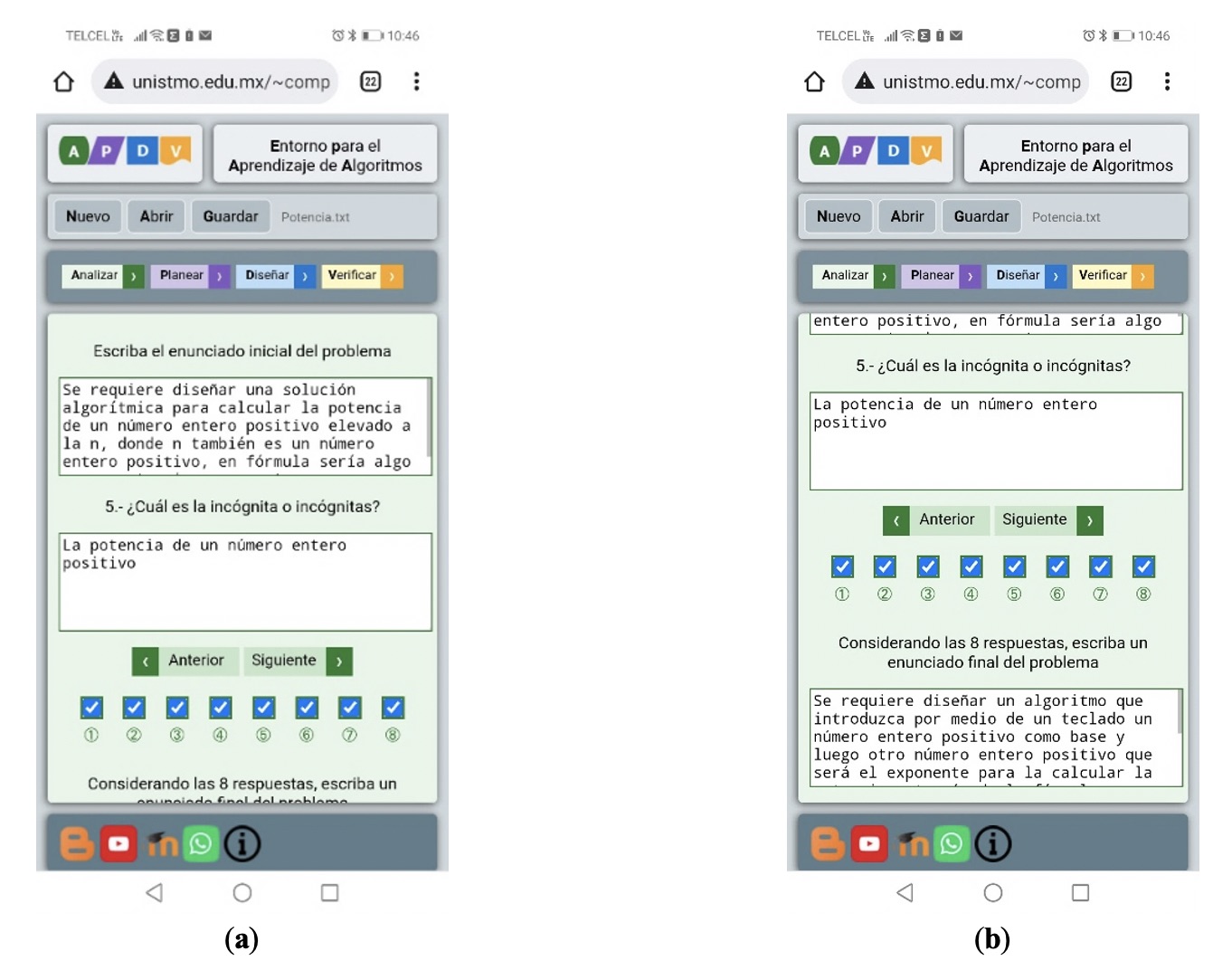 Pantalla Analizar ejecutándose en el navegador de un
dispositivo móvil.: (a) área para la edición de enunciado inicial del problema;
(b) área para la edición del enunciado final del problema considerando las 8
respuestas a las preguntas previas.