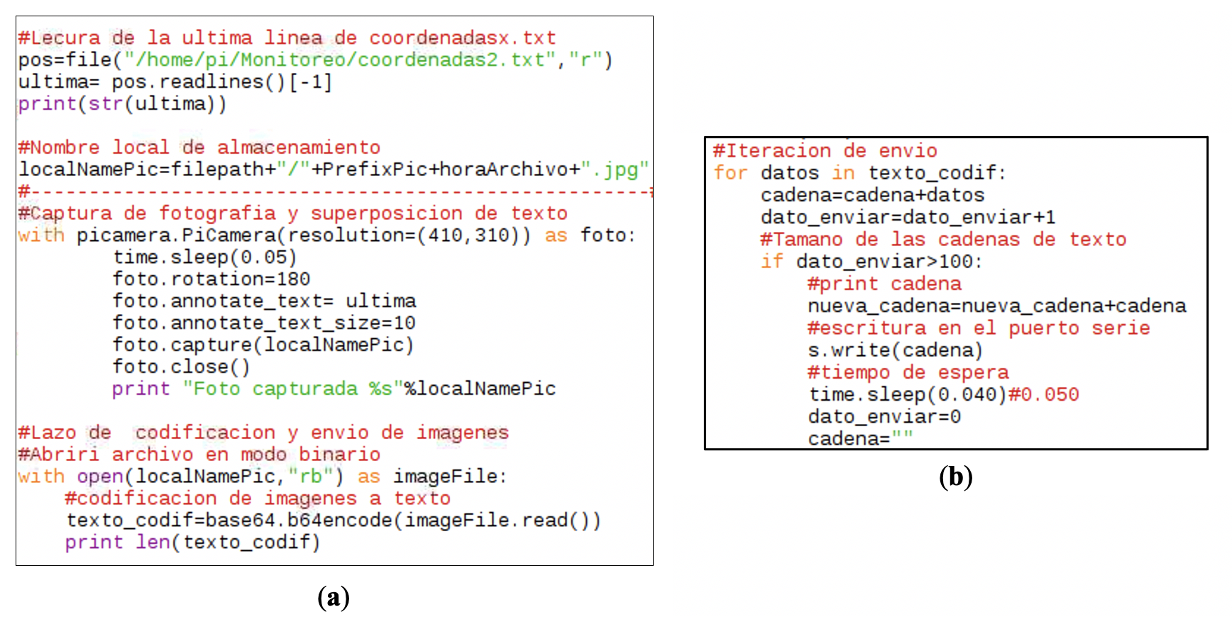 (a) Fragmento de código de captura fotográfica y codificación
a Base 64; (b) Fragmento de código segmentación de tramas y envío de captura
fotográfica [14].