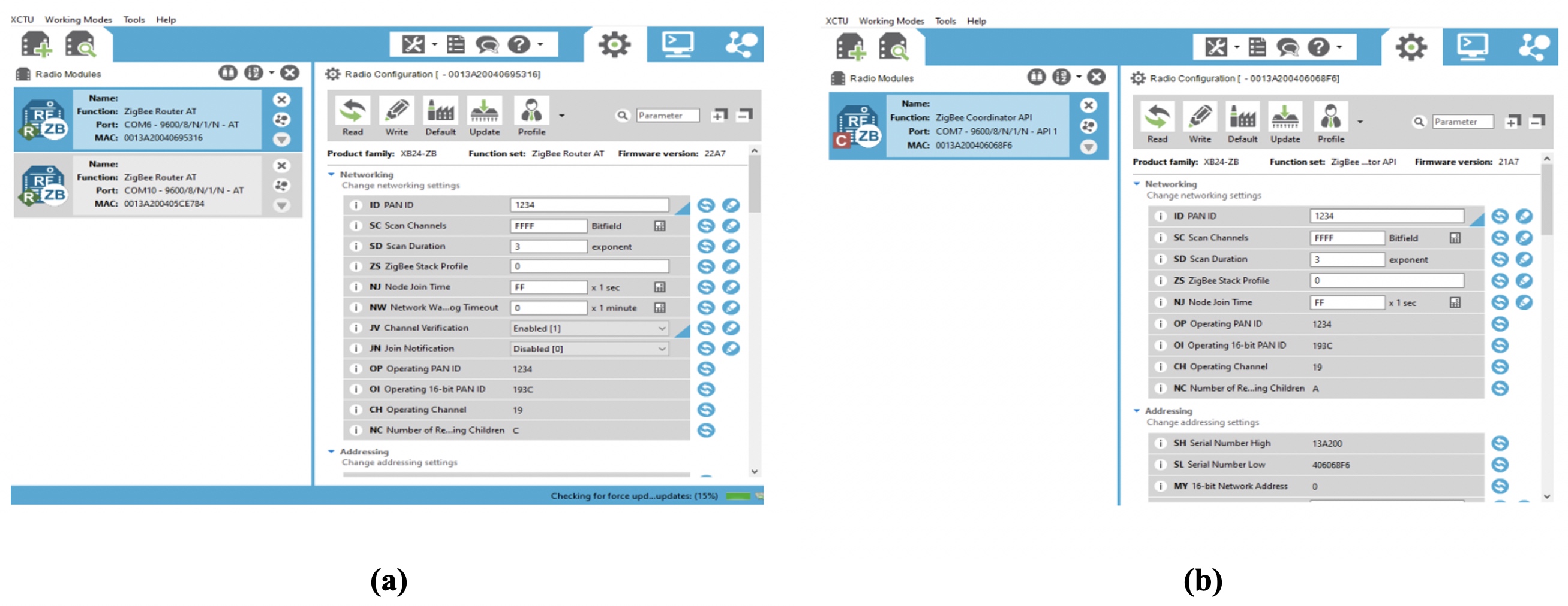 (a) Configuración de los módulos XBee en modo router en el
programa XCTU. (b) Configuración del módulo XBee en modo coordinador en el
programa XCTU.