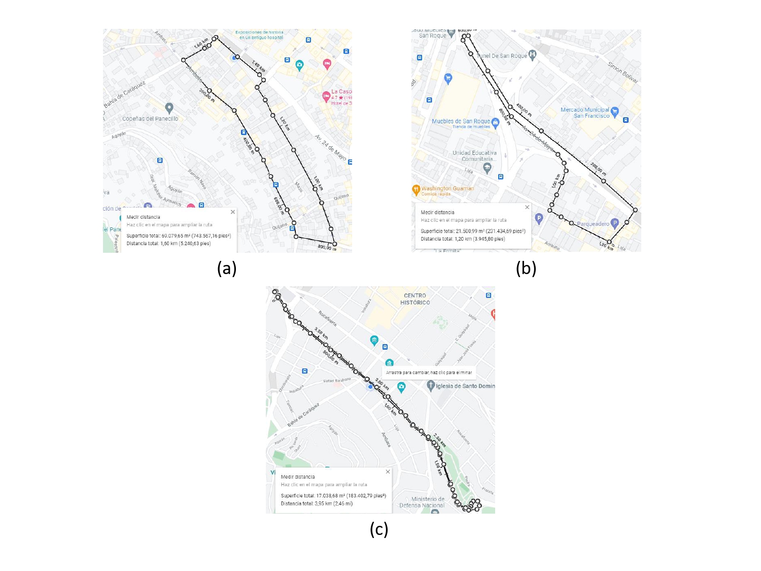 Rutas de estudio para conexiones en movimiento: (a) Ruta A de 1.60 Km; (b) Ruta
B de 1.20 Km; (b) Ruta C de 3.95 Km.