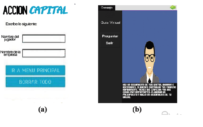 Pantallas iniciales: (a)
RF-01 Acceder al sistema; (b) RF-02 Mostrar historia del juego.