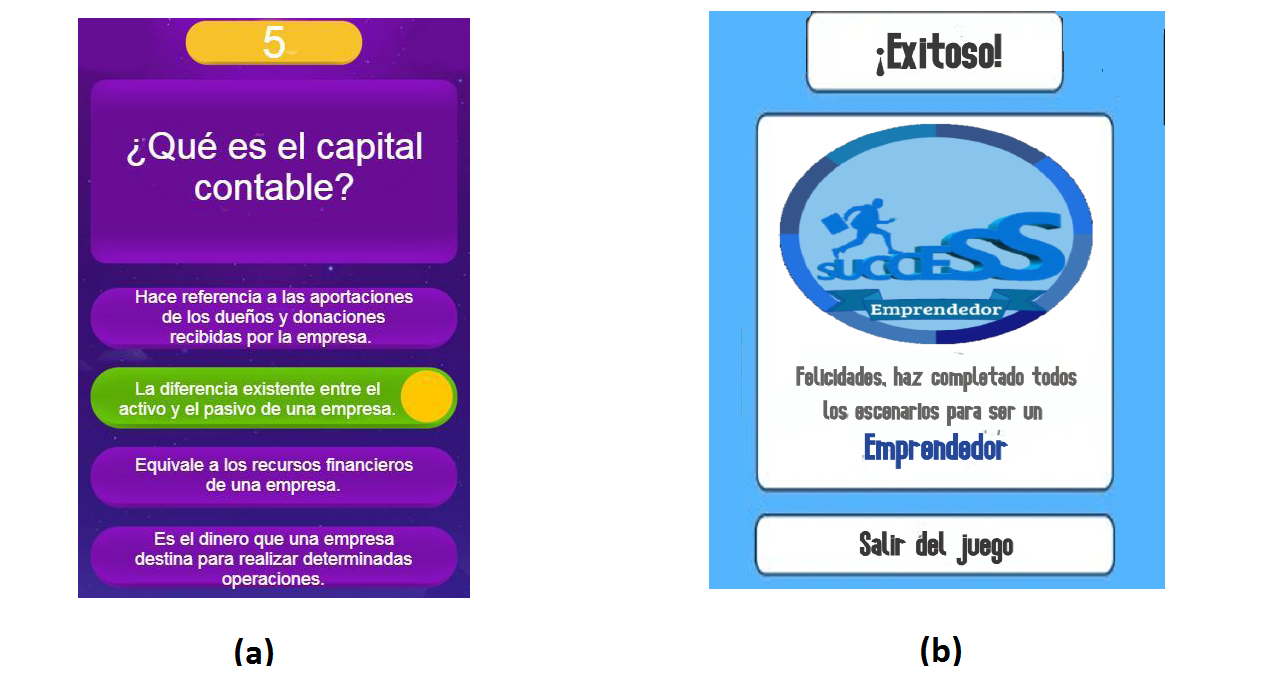 Pantallas de la parte final del videojuego Acción Capital: (a) RF-07 Realizar quiz;
(b) RF-08 Mostrar insignia.