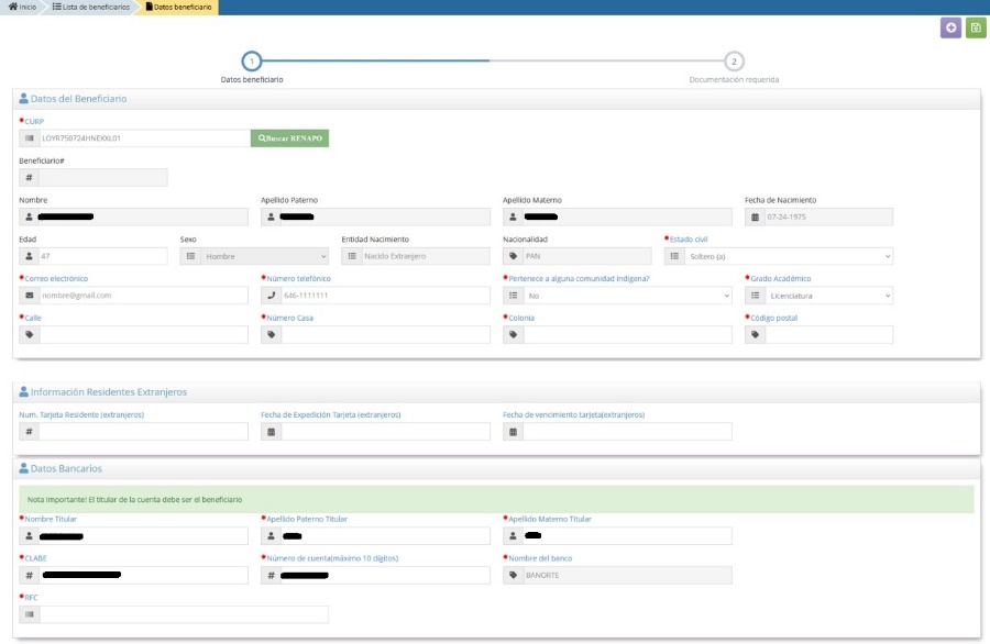 Pantalla de captura de datos personales y bancarios del beneficiario.