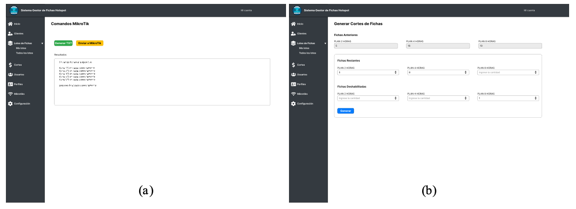 Pantallas adicionales: (a) Creaci&oacute;n de comandos MikroTik para RouterOS o env&iacute;o directo desde la aplicaci&oacute;n; (b) Generaci&oacute;n de un nuevo corte de fichas para un cliente.