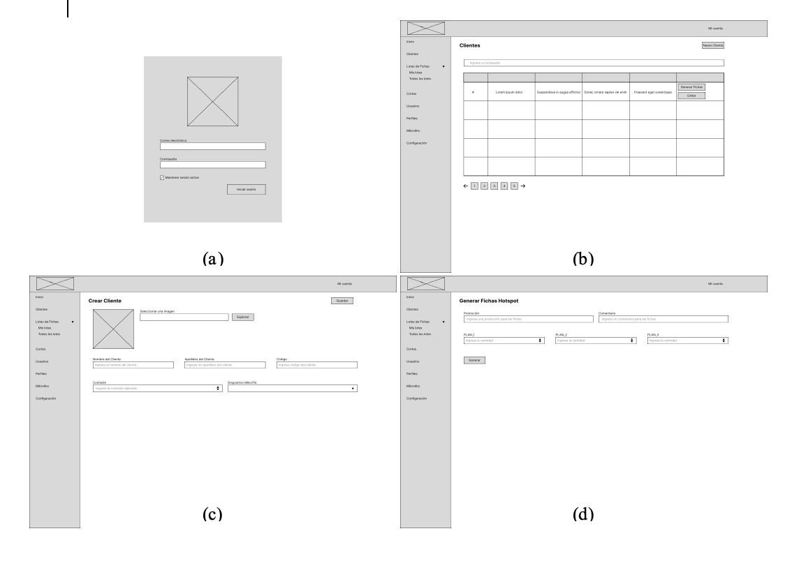 Wireframes de las vistas principales de la aplicaci&oacute;n web.