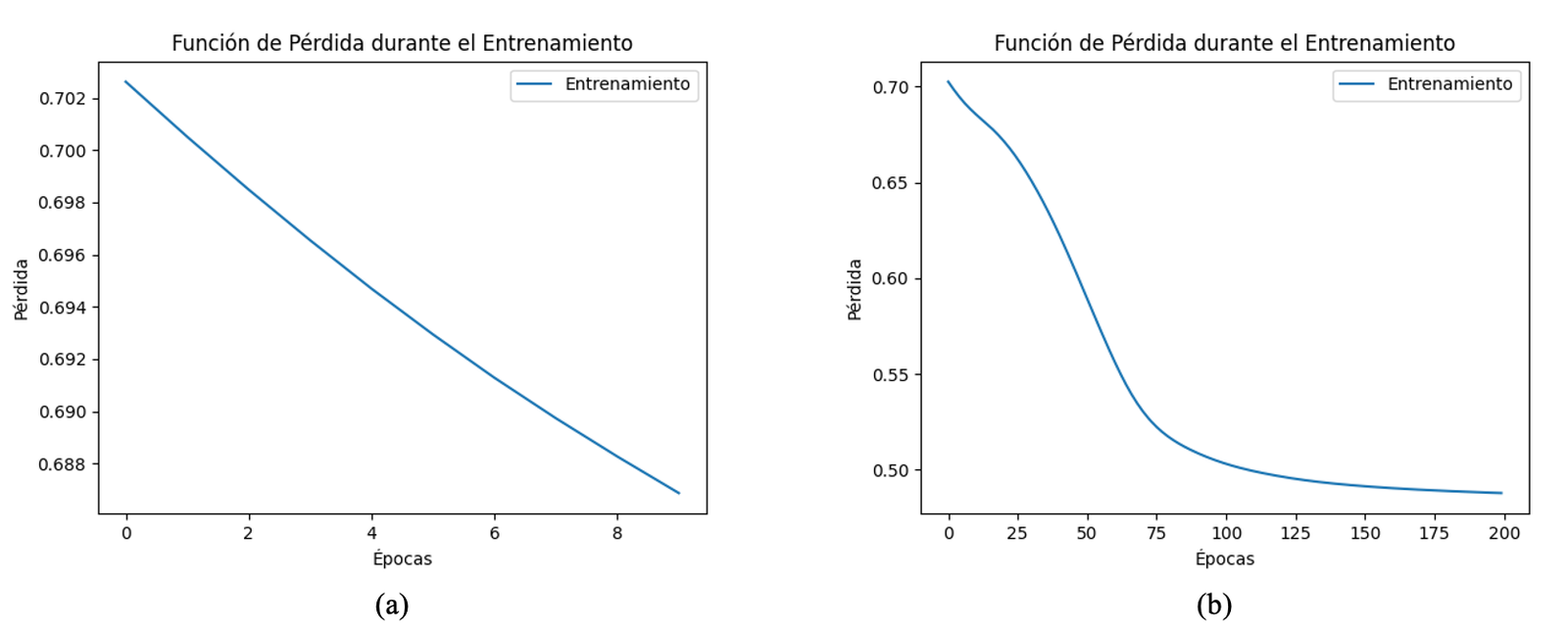 Comportamiento de la funci&oacute;n de p&eacute;rdida usando la biblioteca Pytorch en la muestra dos. (a) 10 &eacute;pocas y (b) 200 &eacute;pocas.
