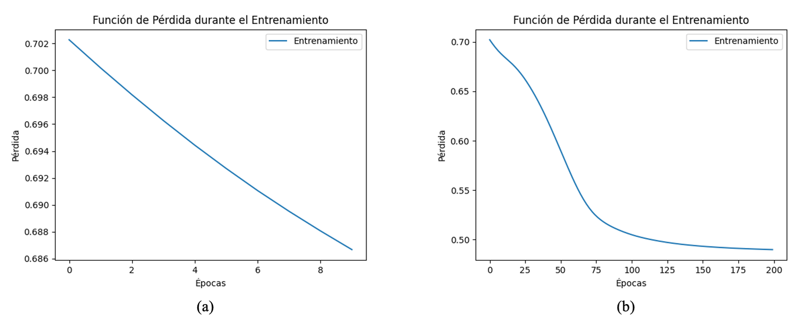 Comportamiento de la funci&oacute;n de p&eacute;rdida usando la biblioteca Pytorch en la muestra uno. (a) 10 &eacute;pocas y (b) 200 &eacute;pocas.