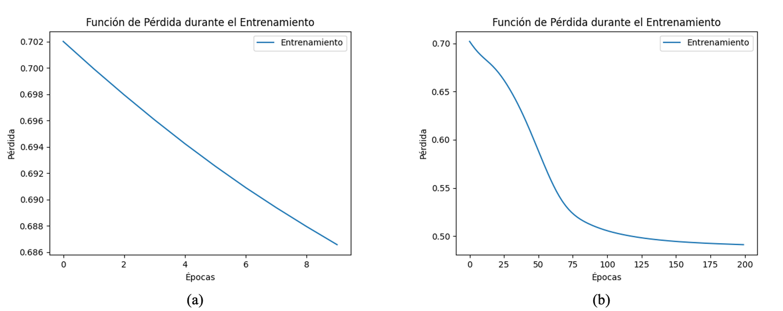 Comportamiento de la funci&oacute;n de p&eacute;rdida usando la biblioteca Pytorch en la muestra dos. (a) 10 &eacute;pocas y (b) 200 &eacute;pocas.
