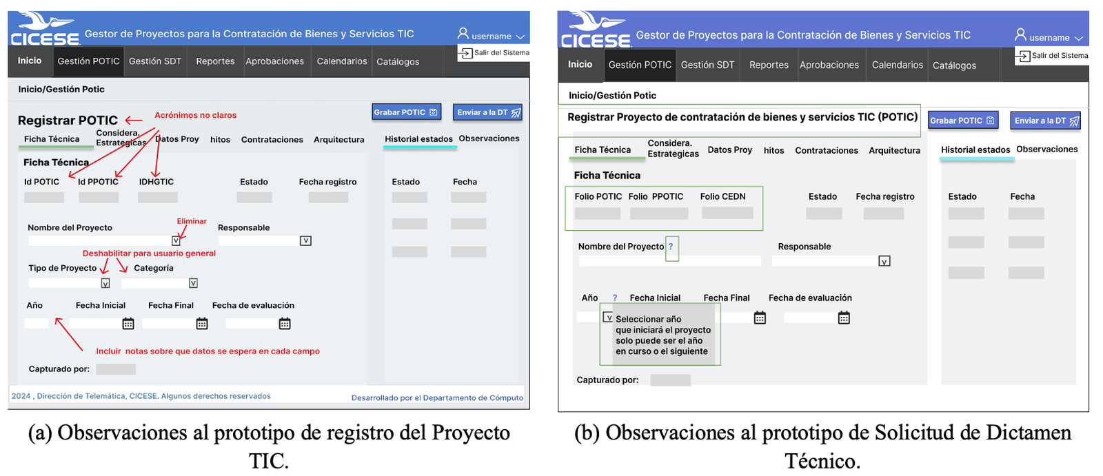 Ejemplo de observaciones detectadas a prototipos y su propuesta de mejora.