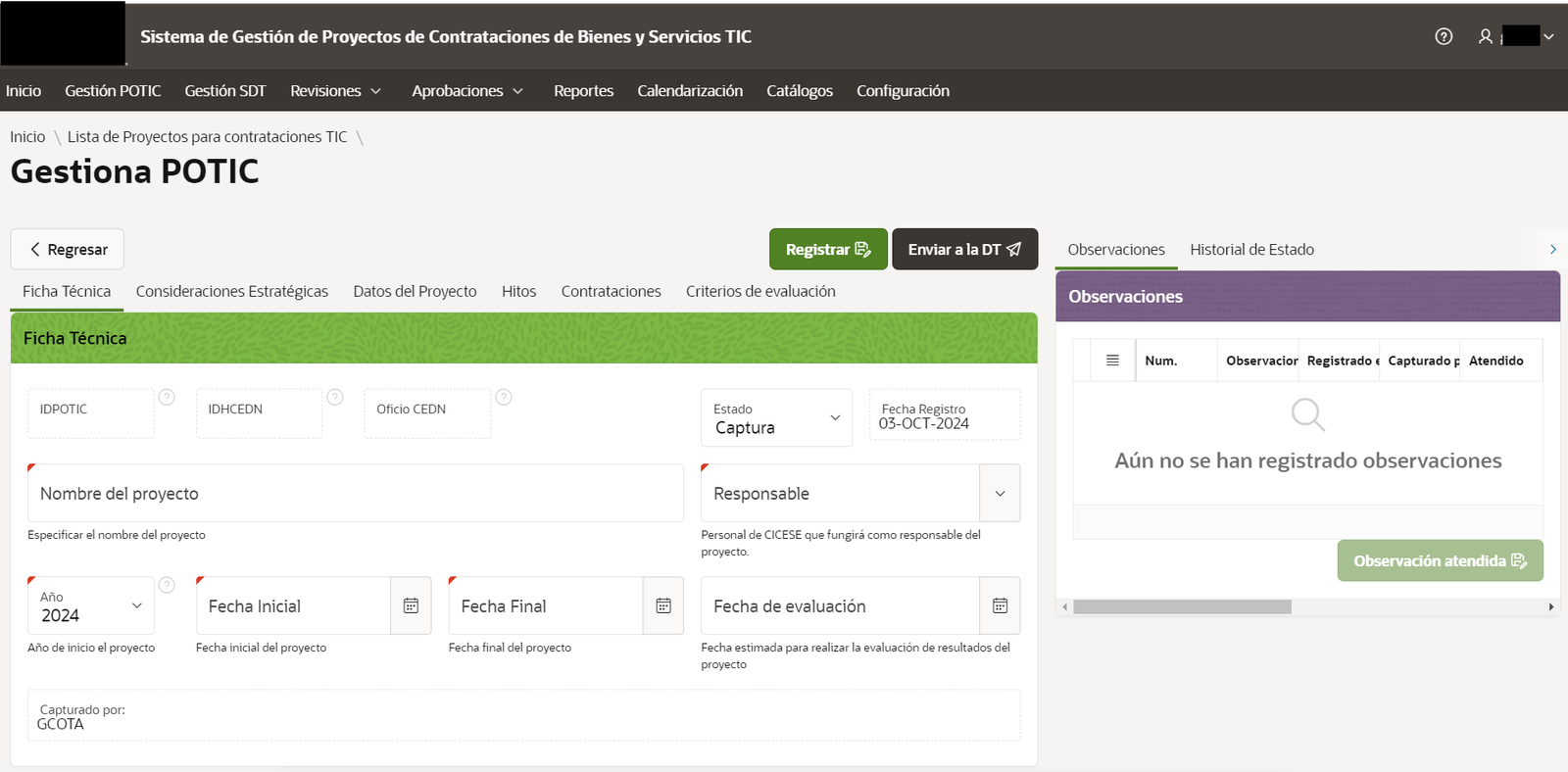 Forma de registro de proyectos para contrataciones de bienes y servicios TIC.