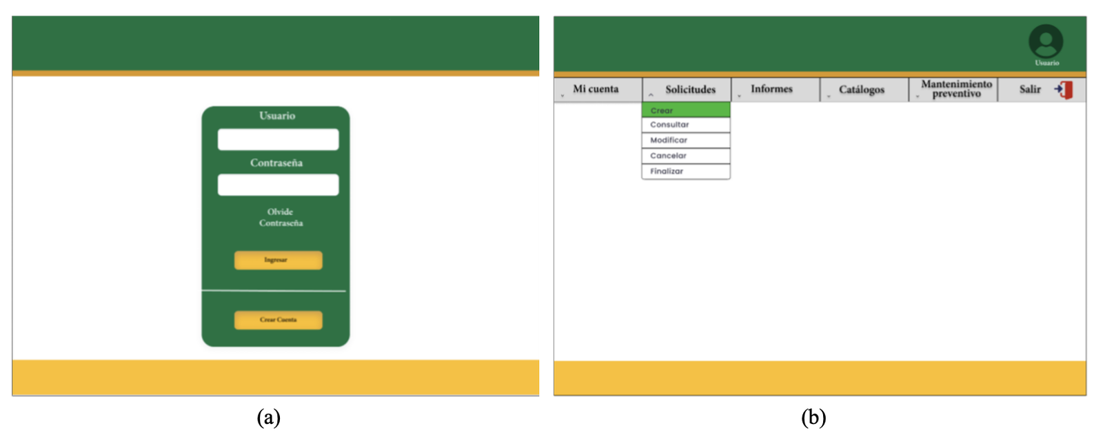 Ejemplos de prototipos digitales. (a) Pantalla de inicio del sistema de mesa de ayuda (RF-02 Iniciar sesi&oacute;n). (b) Pantalla del men&uacute; solicitudes del sistema de mesa de ayuda (RF-03 Crear solicitud de incidencia de c&oacute;mputo).