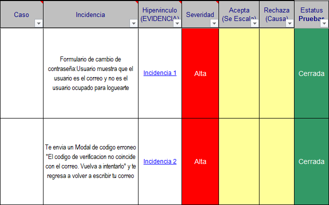 Registro de hallazgos de las pruebas en la actualidad.
