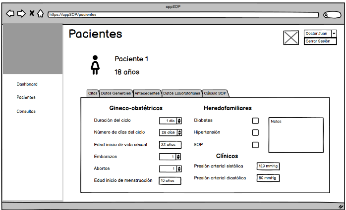 Pantalla Antecedentes en la aplicación web.